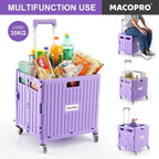 Foldable Utility Cart Folding Portable Rolling Crate Handcart with Durable Heavy Duty Plastic Telescoping Handle Collapsible 4 Rotate Wheels for Travel Shopping Moving Luggage Office Use (Purple)