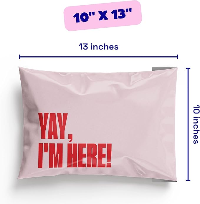 Poly Mailers 12x15 – 100 Pack – Cute Printed Recyclable Shipping Envelopes for Small Business Packaging, Self Sealing Mailing Bags – Yay I’m Here Pink/Red Design