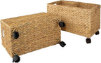 PEMAR Rolling Wicker Storage Basket Set of 2 – Natural Water Hyacinth & Seagrass Bins on Wheels with Removable Divider & Insert Handles – Nesting Design for Under Desk, Home & Office Organization