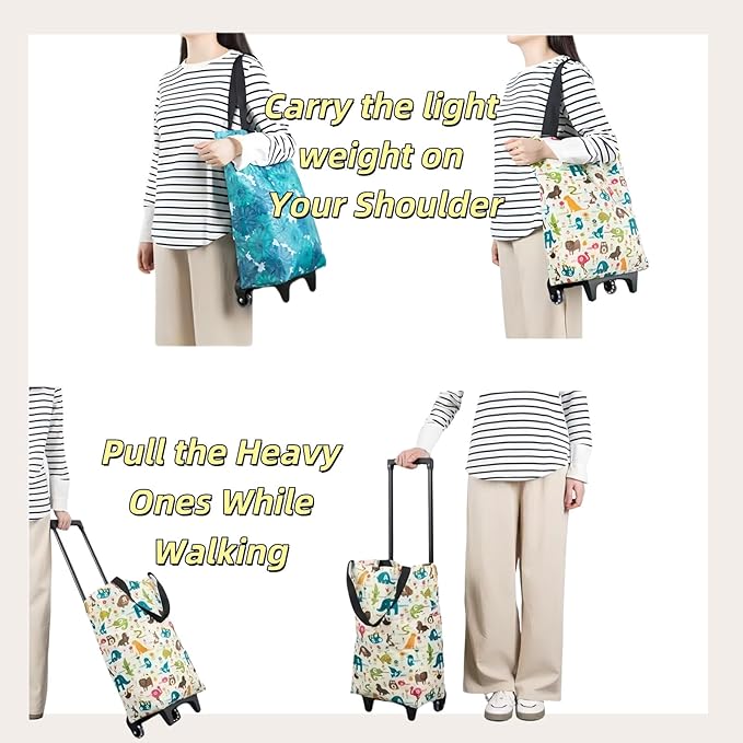 Portable Shopping cart Foldable with Wheels,Folding Shopping Cart Tote Bag Trolley Grocery Carts for Outdoors Reusable Grocery Bags Travel Bag (Beige)
