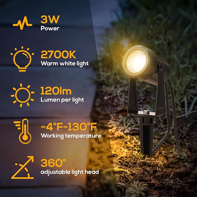 Banord Outdoor Landscape Lighting, 10 Pack Low Voltage LED Spot Lights with Transformer, IP65 Waterproof, 2700K Warm White for Yard, Garden, Lawn, Plants