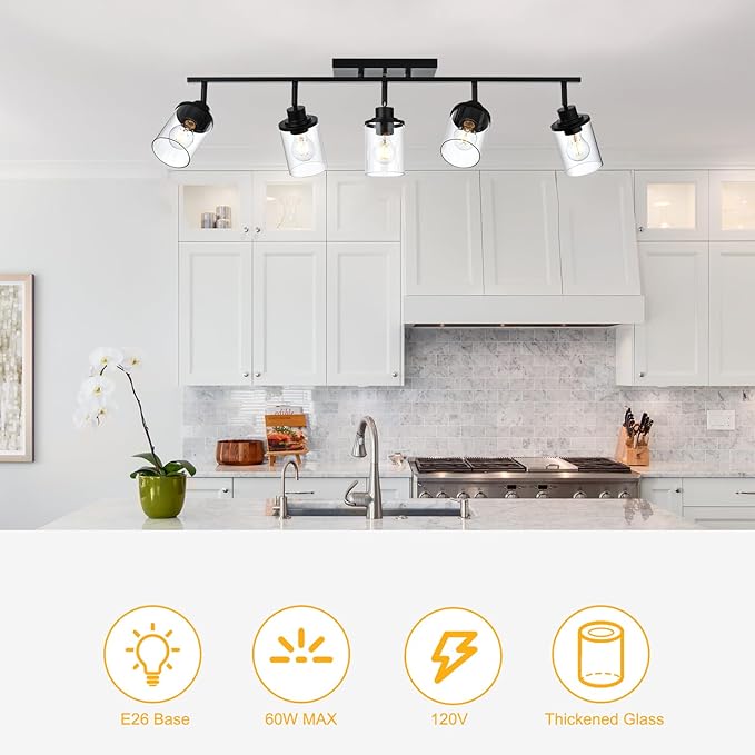 Yaohong 5-Light Kitchen Track Light Fixtures Ceiling Vanity Lights Black, Bathroom Track Lighting Kit with Ajustable Heads, Modern Wall Ceiling Tracking Light for Hallway Shop