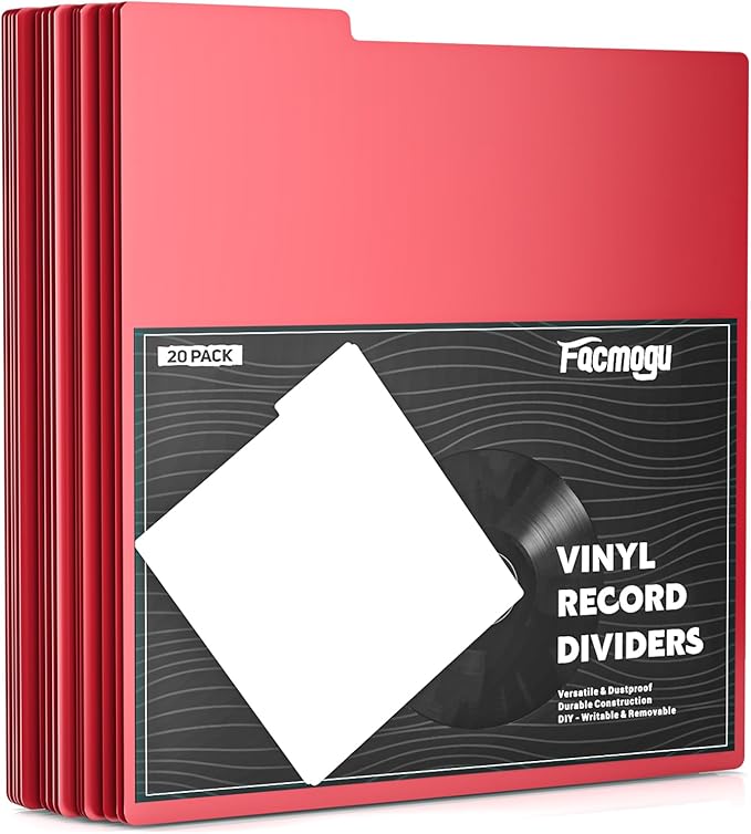 Facmogu 20PCS Vinyl Record Dividers, Upgrade Thicker Vinyl Record Separators, 33RPM Plastic Vinyl Record Divider Card, Blank Writable DIY Vinyl LP Album Separators for Vinyl CD, DVD Organization - Red