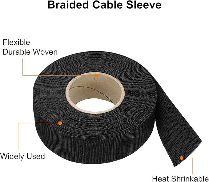 MECCANIXITY Braided Cable Sleeves Heat Shrinkable Fabric Sleeving, 1" 40ft Black 2:1 Ratio Heat Shrinkable Cord Protector for Harness Cable, Network Cable Protection, Cable Management
