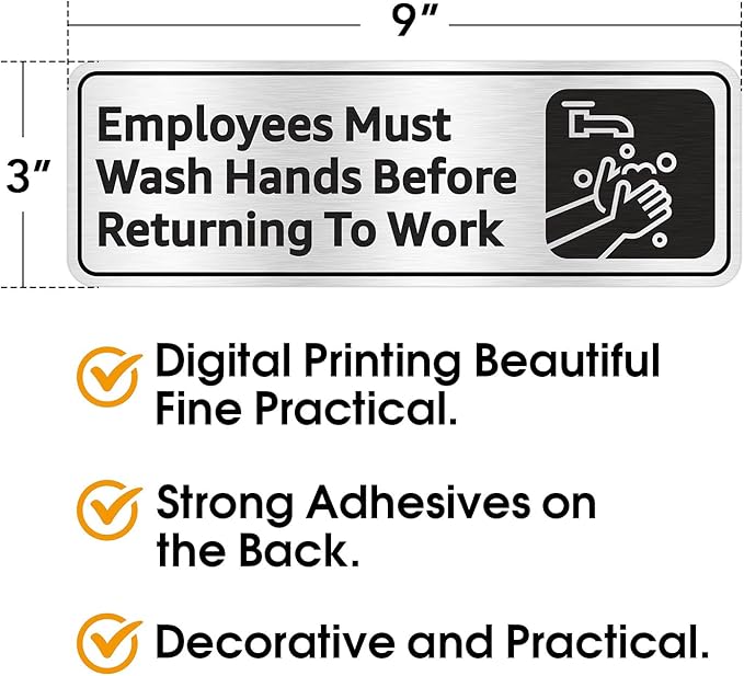 Faittoo Wash Rinse Sanitize Sink Labels Signs with Employees Must Wash Hands Sign, (4 Pack) 9" x 3" Rust Free Brushed Aluminum Sign, Self-adhesive, for Restaurant, Hotel, Rest Stops, Company