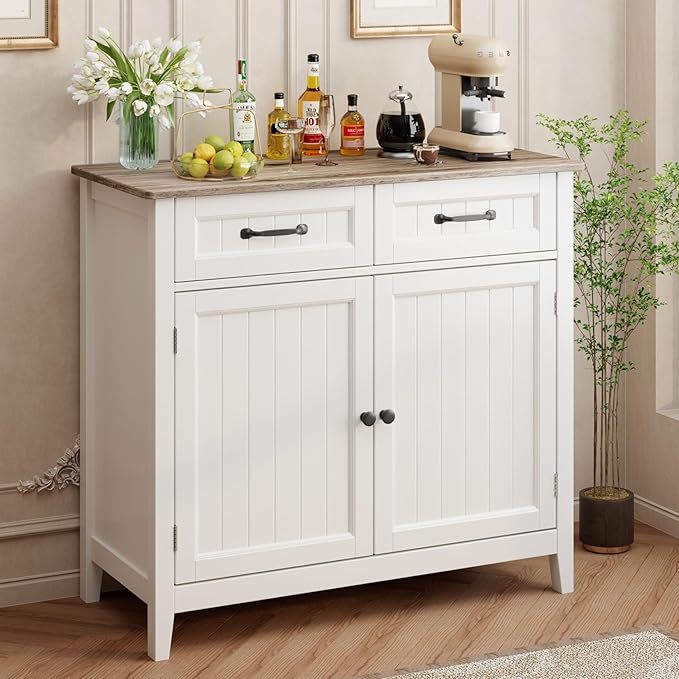 Gizoon Kitchen Sideboard Buffet Cabinet, 32'' H Large Kitchen Storage Island and Adjustable Shelf, Modern Coffee Bar Console Cabinet for Dining Room, Bathroom, Entryway, Grey