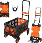 Garvee Folding Hand Truck, 330 LB Heavy Duty Dolly Cart with Foldable Basket, Portable Folding Hand Cart with Bungee Rope, Rubber Wheels and Retractable Handle for Luggage, Moving, Office, Orange