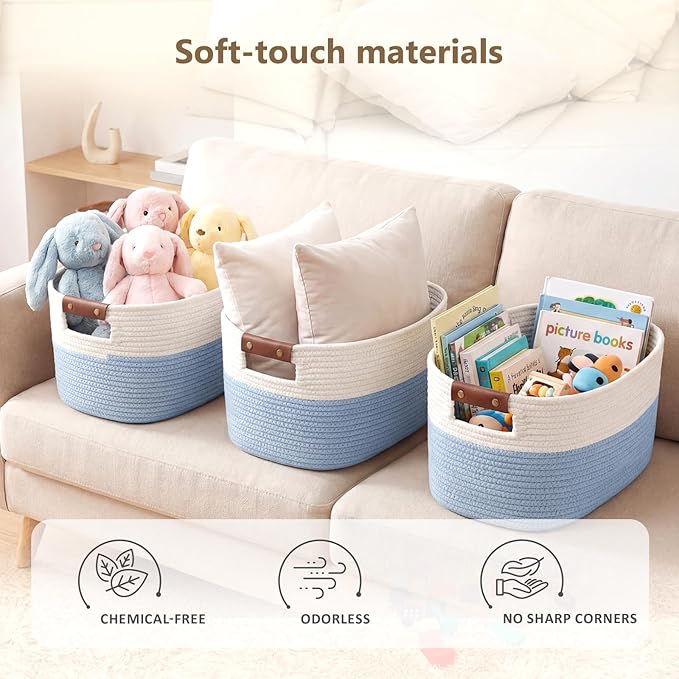 Cotton Rope Basket, Storage Baskets with Handle, 15x10x9 Inch Woven Basket for Shelves, Laundry, Towels, Clothes, Books (White/Blue 2Pack)