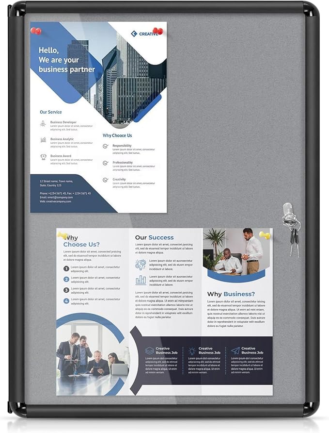 Enclosed Bulletin Board 24x18 in, Lockable Felt Board Bulletin Board for Office School Home Commercial, Tamperproof and Shatter Resistant, Black Aluminum Frame, Grey Felt