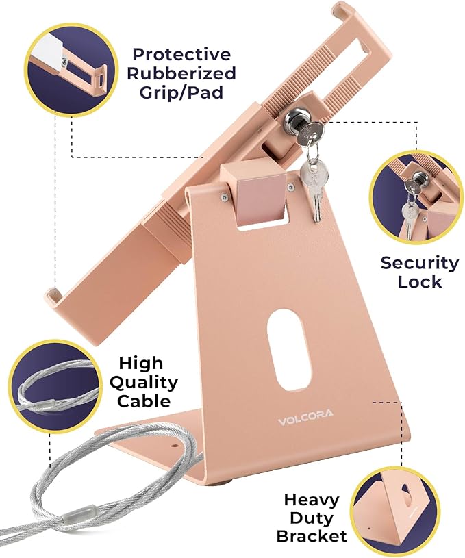Volcora Anti-Theft Tablet Stand iPad Kiosk Stands with Lock, Pink 10-13'' ipad Stand for Desk, Swivel, Adjustable iPad Holder for Desk, iPAD Mount for POS Register, Retail Business, Cashier