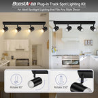 BoostArea Plug in Track Lighting, LED Track Light Kit, Black 4-Light Track Lights for Kitchen, 15 FT Cord,4 Way Ceiling Spotlight, Rotatable Wall Mount Light Head for Bedroom Hallway Living Room