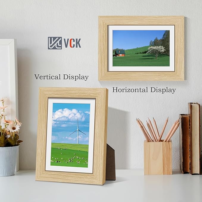 VCK 5x7 Picture Frame 2 Pack - Natural Oak, High-End Wood Poster Frames with Tempered Glass, Display 4x6 Photo with Mat or 5x7 without Mat, Art Gallery-Quality, Wall Hanging/Tabletop, Natural Oak
