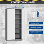 Metal Storage Cabinet-72” Tall Steel File Cabinets with Lockable Doors and 5 Adjustable Shelves-Gray&White Steel Storage Cabinet for Home, School, Office, Garage