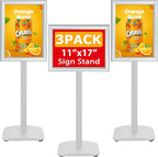 3 Pack Heavy Duty Standing Sign Holder 11x17 Inch - Pedestal Floor Sign Stand with Weighted Base - Vertical & Horizontal Poster/Menu Display Stands for Indoor/Outdoor Advertising, Silver