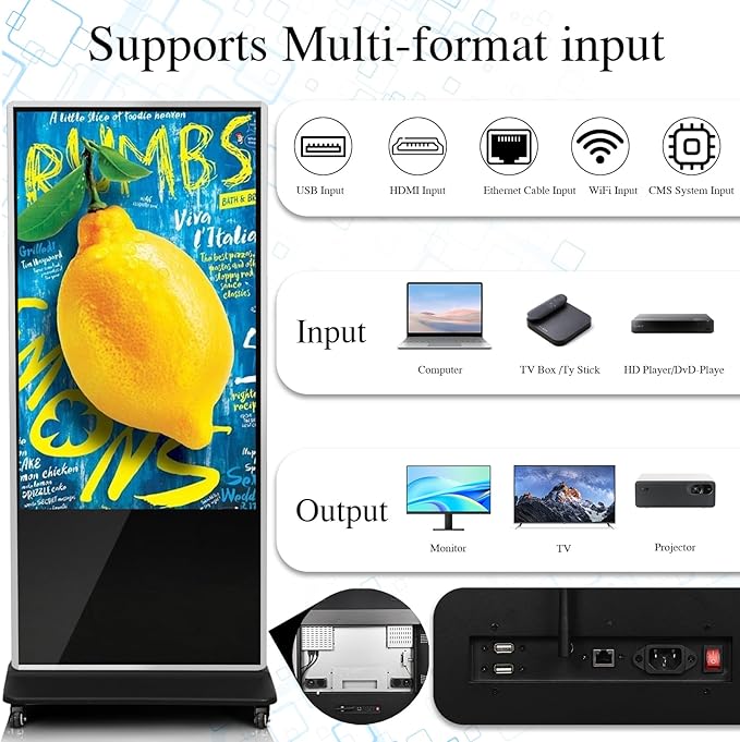 65" 4K LCD Touchscreen Digital Signage Display, Indoor Floor Standing Advertising Player, Commercial Digital Signage Kiosk with Auto AD Player, HDMI WiFi Bluetooth Input, Android 12.0 Black
