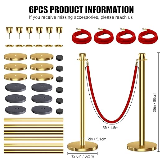 kaiyomi 6Pcs Stanchions with Red Velvet Ropes Set, 5 Feet Velvet Ropes and Posts Poles for Red Carpet Party Decoration and 360° Photo Booth (Golden)