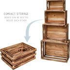 Set of 4 Large Torched Wood Decorative Storage Crates, Nesting Wooden Crates for Display Rustic, Farmhouse Wooden Storage Container Boxes Made from 100% Wood