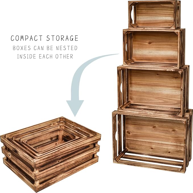 Set of 4 Large Torched Wood Decorative Storage Crates, Nesting Wooden Crates for Display Rustic, Farmhouse Wooden Storage Container Boxes Made from 100% Wood
