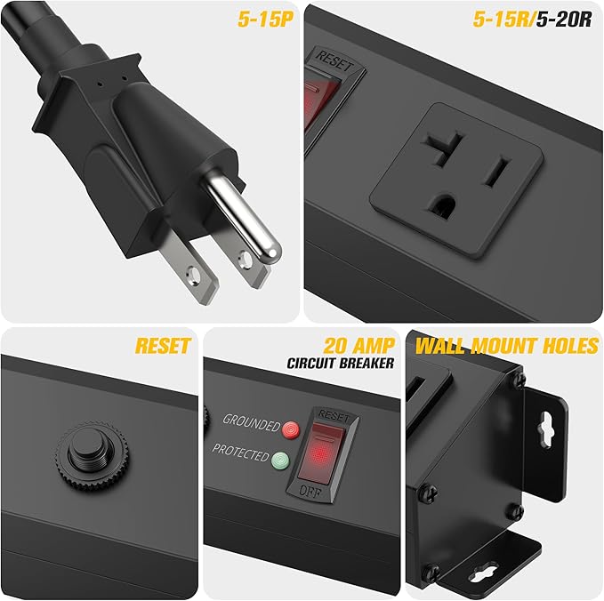 HHSOET 16 Outlet Long Power Strip, 10FT Heavy Duty Power Strip with 4800J Surge Protection, 20a Mountable Wide-Spaced Outlets for Home, Office, Garage & Workshop - ETL Certified (Black)