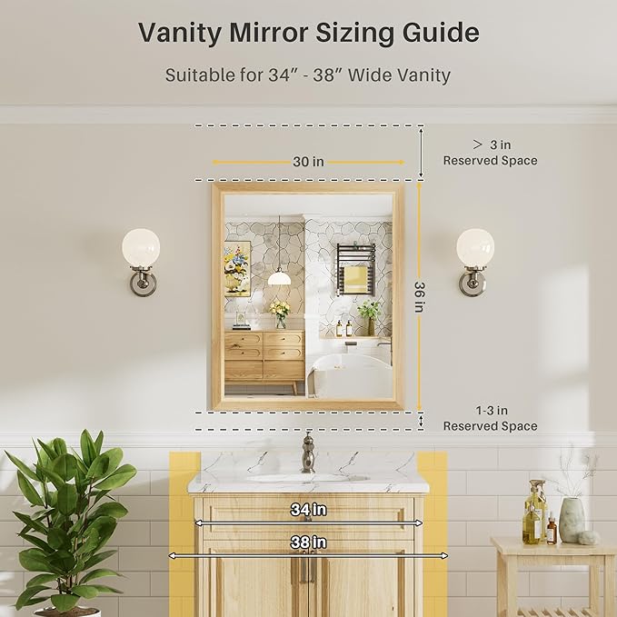 36x30 Inch Bathroom Mirror for Wall, Anti-Rust Oak Wood Grain Metal Framed Bathroom Mirrors for Over Sink,Rectangler Mirrors for Bathroom Vanity, Farmhouse, Bedroom, Living Room, Entryway Decor