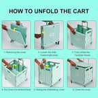 Folding Utility Cart Portable Rolling Crate Handcart Shopping Trolley Collapsible Tool Box, with Lid, Basket on 4 Rotate Wheels, for Grocery, Office, Teacher, Travel Shop Move Luggage (Green)