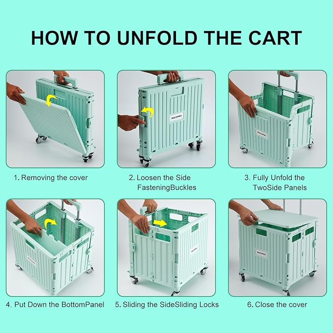 Folding Utility Cart Portable Rolling Crate Handcart Shopping Trolley Collapsible Tool Box, with Lid, Basket on 4 Rotate Wheels, for Grocery, Office, Teacher, Travel Shop Move Luggage (Green)