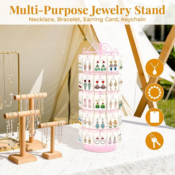 EsLuker.ly Earring Holder Organizer Rotating Display Tree Stand, Adjustable Height Earring Card Hanger Rack with 50 Hooks for Vendors Market Selling, 5 Tier Metal Jewelry Storage Tower, Pink