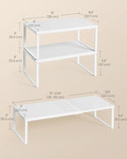 SONGMICS Set of 2 Expandable Pantry Kitchen Organizers, Adjustable Spice Rack, Stackable Cabinet Organizers, Metal, Space-Saving Tabletop Shelves, Matte White UKCS402W01