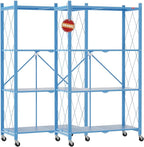 DEANIC 4 Tier Foldable Storage Shelves with Wheels, Large Capacity Shelving Unit, Freestanding Metal Wire Shelf Rack, No Assembly Organizer Rack for Garage Kitchen, Basement, Pantry(Blue Pack of 2)