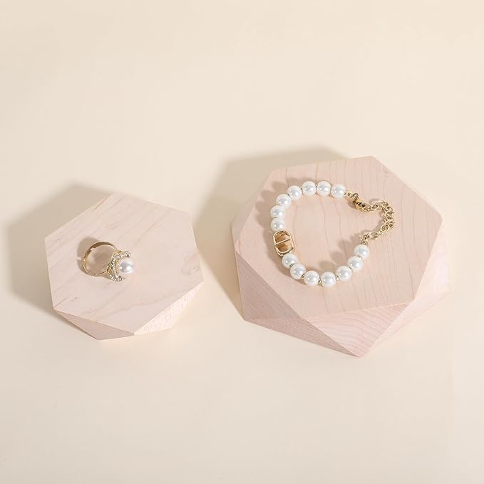 GemeShou 2pcs Wooden Jewelry display tray, Hexagon jewelry display riser, Jewelry retail shop photography props【Beech Hexagon tray-2pcs】