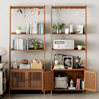 Bookcase with Drawers, 4-Tier Bamboo Bookshelf Ladder Shelf with 6 Hooks, Tall Narrow Retro Book Shelf, 24.8"L x 10.6"W x 59.5"H, Standing Storage Organizer for Living Room, Office, Bedroom, Walnut