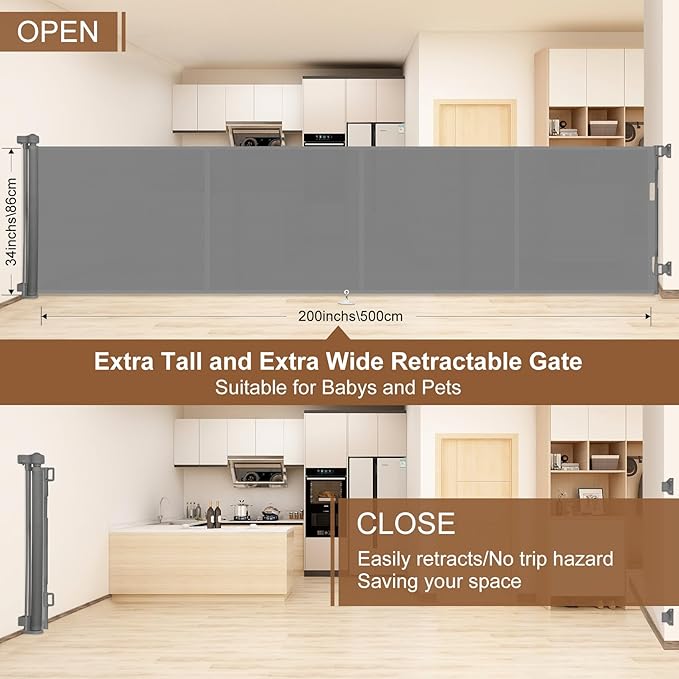 200 inch Retractable Baby Gates 37 inch Tall, Retractable Gate with Reinforced Strip Design to Prevent Crawling Through, 16 FT Outdoor Retractable Gates, Extra Wide Retractable Gate for Garage