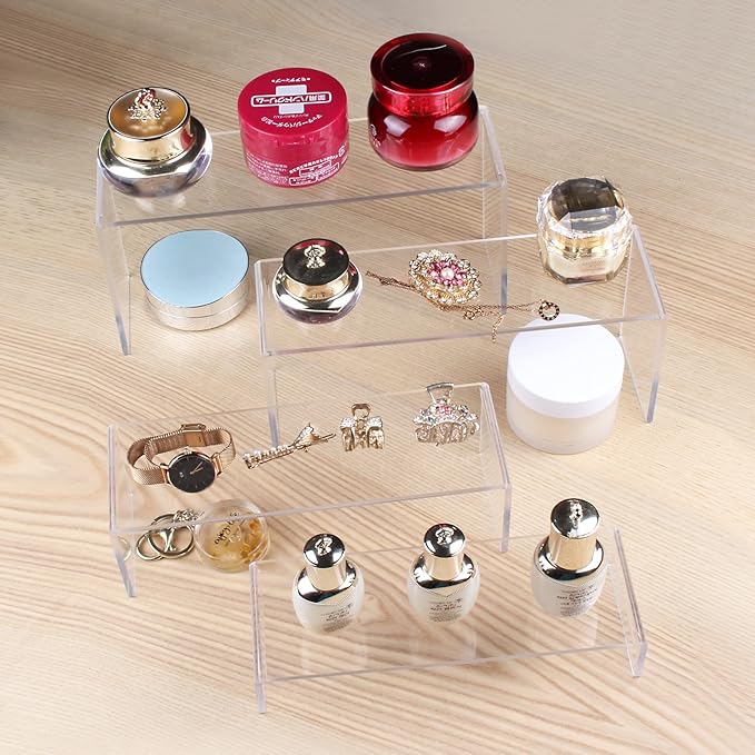 ELEGANTLIFE Acrylic Display Riser,4.3mm Heavy Duty Crystal Display Stand Shelf Layered Aesthetic, Jewelry Display Shelf Risers for Décor,4 Pack Set Multi-color (Clear)