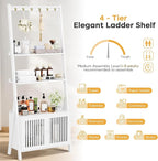 Bookcase with Drawers, 4-Tier Bamboo Bookshelf Ladder Shelf with 6 Hooks, Tall Narrow Retro Book Shelf, 24.8"L x 10.6"W x 59.5"H, Standing Storage Organizer for Living Room, Office, Bedroom, White