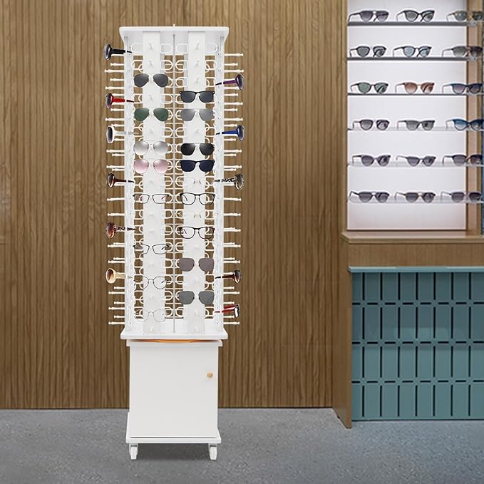 Sunglasses Display Stand, 144 Pairs Wooden 360° Rotating Sunglass Eyeglass Holder Organizer, Glasses Hanger Storage Rack for Retail Commercial Display, W14.6*H66.1in (White)