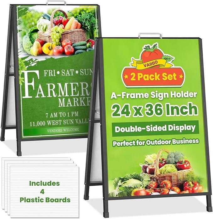 2 Pack A Frame Sign Holder 24x36 Inch, Double-Sided Folding Sandwich Board with Handle, Heavy Duty Metal Sidewalk Sign for Outdoor Business Advertising, Includes 4 Plastic Boards