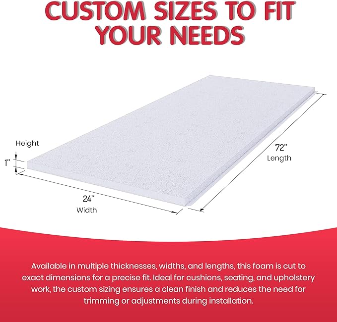 FOAMYFOAM 6Pack High Density 1 inch Thick, 24 inch Wide, 72 inch Long Upholstery Foam, Cushion Replacement