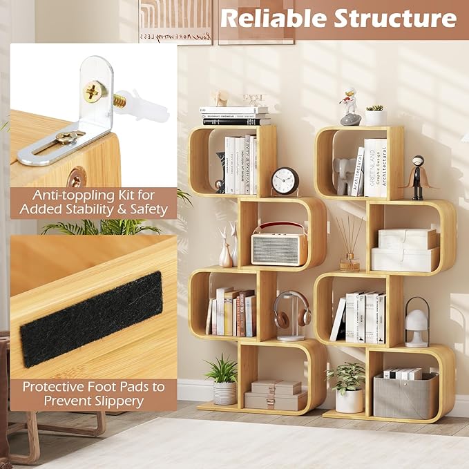 Giantex S-Shaped Bookcase, 4-Tier Bamboo Bookshelf with 4 Open Cubes, Geometric Corner Display Shelf, Decorative Storage Organizer, Floor Storage Rack for Living Room, Home Office, Natural