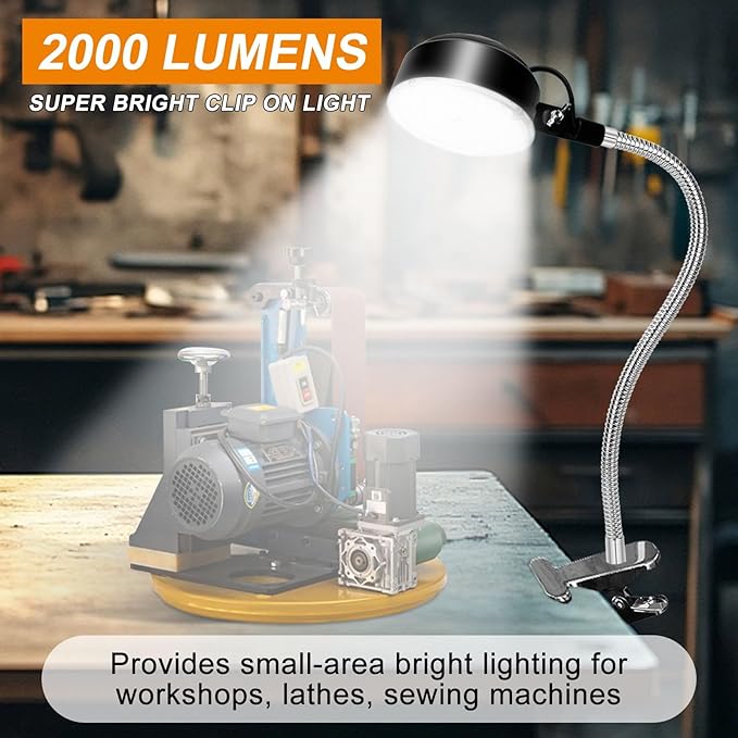 Clamp Light, LED Work Light with Flexible & Strong Clip for Workshop, Sewing, Lathe, Desk, Bright Small Area Task Lighting, 2000 Lumens, Silver