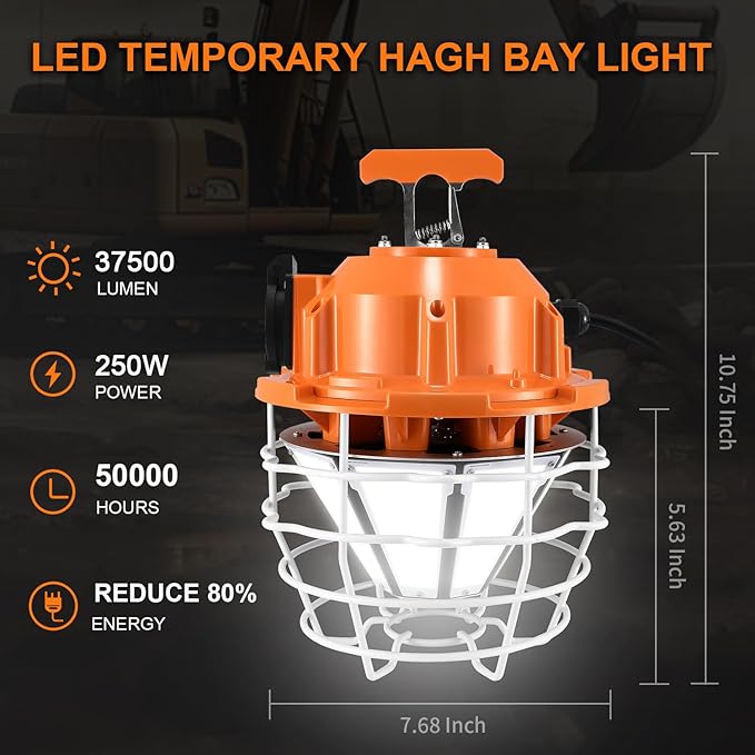 NS LED Temporary Work Light 250W Construction Lights 37500 Lumens, Linkable IP68 5000K Portable Hanging Jobsite Lighting with 16FT Cord for Indoor and Outdoor Area Lighting
