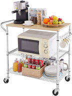 3 Tier Rolling Kitchen Cart with Wood Tabletop, Kitchen Island Carts with Wheels & Slider Shelf, Microwave Cart on Wheels, Coffee Cart with Hooks, 35.4" L*18.1" W*31.9" H，Wood+Chrome