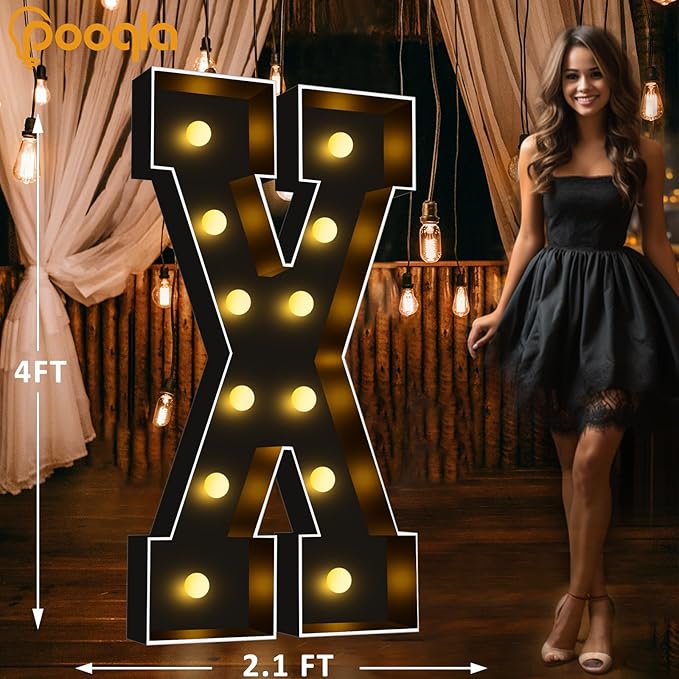 Pooqla 4 FT Marquee Light Up Letters, Black Marquee Letter Lights 4 Feet Tall for Birthday Decoration, Big Mosaic Letters Sign for Balloons Party Anniversary Wedding Decorations, Giant Warm White X