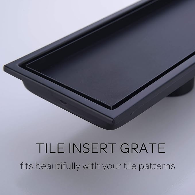 304 Stainless Steel Linear Shower Floor Drain with Tile Insert Grate Removable Cover 12 inch Long Rectangle, Matte Black Plated Finish
