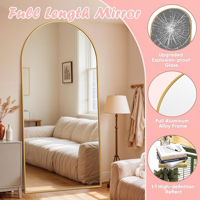 Full Length Mirror, 71" x 32" Arched Full Body Mirror Large Standing Floor Mirrors, Mirrors for Bedroom, Bathroom, Living Room Standing or Wall Leaning, Gold