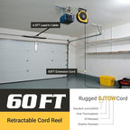 DEWENWILS Retractable Cord Reel, 60 FT Heavy Duty Extension Cord, 12AWG/3C SJTOW, 3 Grounded Outlets Lighted Triple Tap, 15A Circuit Breaker, Wall/Ceiling Mounted for Garage and Workshop, UL Listed
