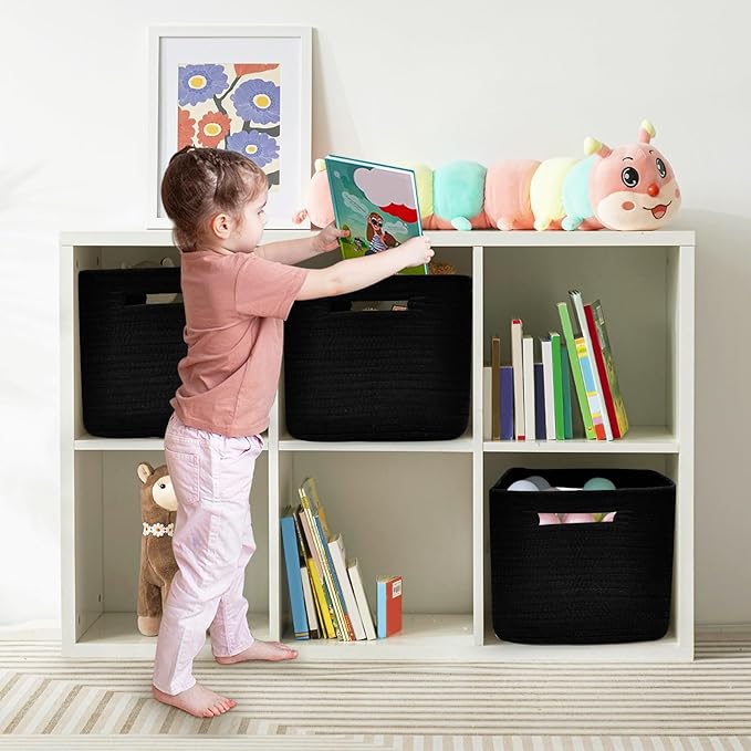 3 Pack Shelf Woven Storage Basket, 15 x 10 x 9” Closet Rope Baskets For Organizing, Square Bins with Handles, Black