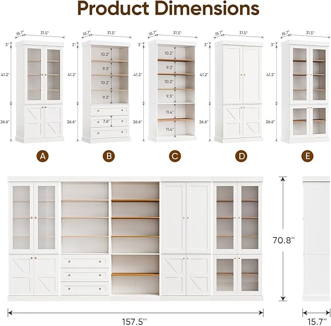 Vyre 70.8" Tall Farmhouse Bookshelf with Glass Doors, Modular Bookcase with 6-Tier Adjustable Shelves, Large Storage Cabinet for Kitchen, Living Room, White, Set of 3