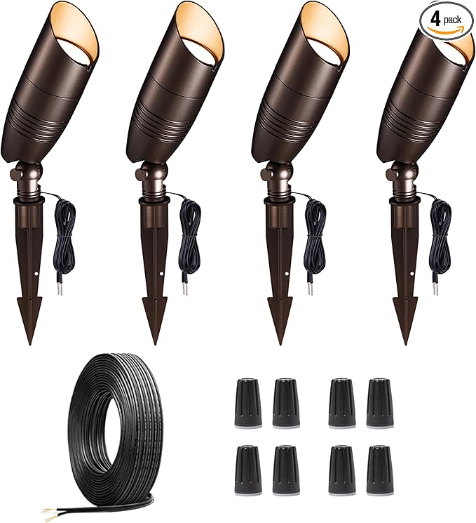 Low Voltage Landscape Lighting Kit, 4 Pack 3000K/4000K/5000K Spotlights and 100FT Cable and 20 Wire Connectors, Aluminum ORB Waterproof Uplight for Tree Yard House, Without Transformer