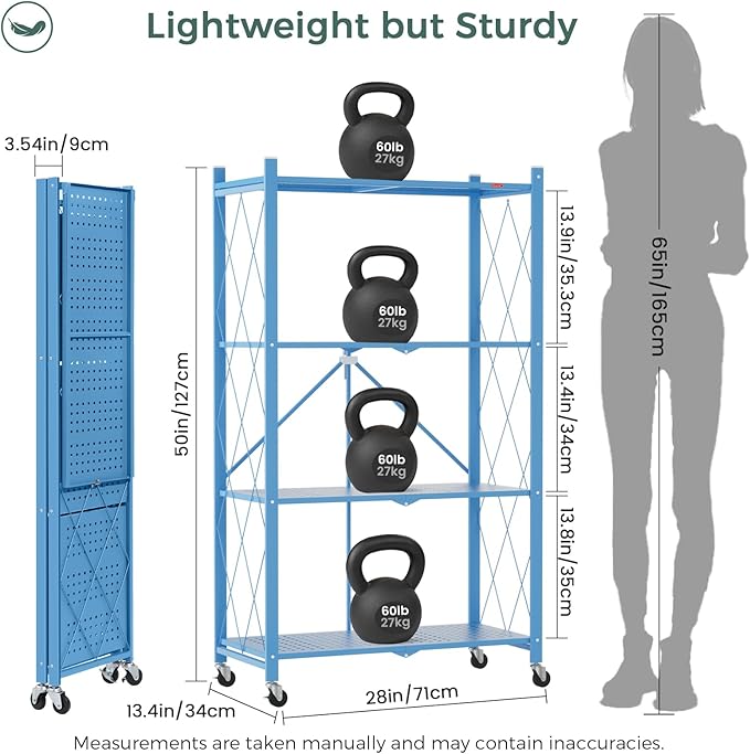 DEANIC 4 Tier Foldable Storage Shelves with Wheels, Large Capacity Shelving Unit, Freestanding Metal Wire Shelf Rack, No Assembly Organizer Rack for Garage Kitchen, Basement(Blue)