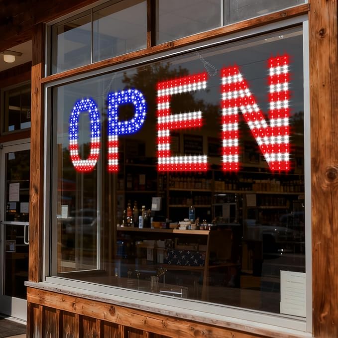 LED Open Signs for Business, exTopGoal 30"x10" Bright Dimmable Open Sign with Remote and 12 Scene Modes, Light Window Sign for Store Shop Storefront Bar Cafes - US Flag